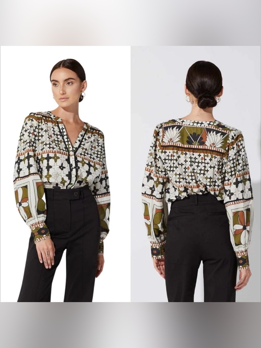 NWOT CLEOBELLA Maren 100% Organic Cotton Art Deco Button-down Blouse - L